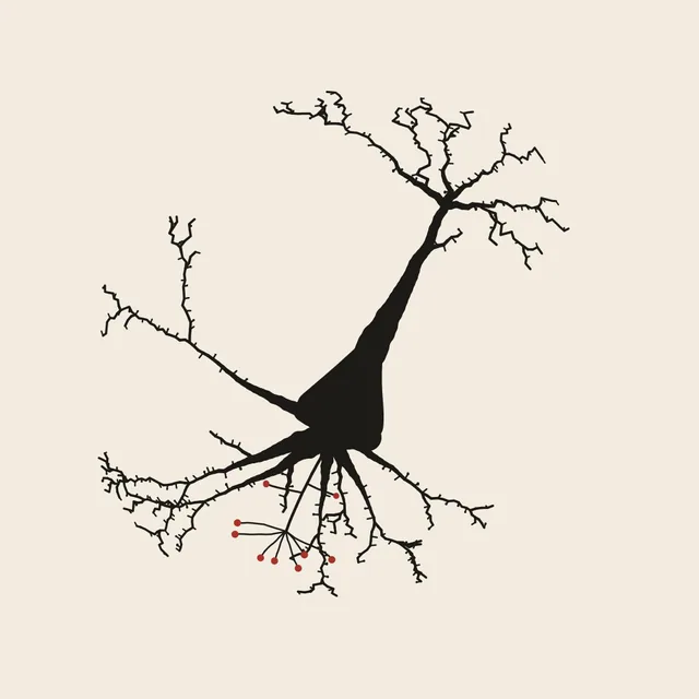 Engram profile picture: a single neuron drawn in black ink, with carmine dots