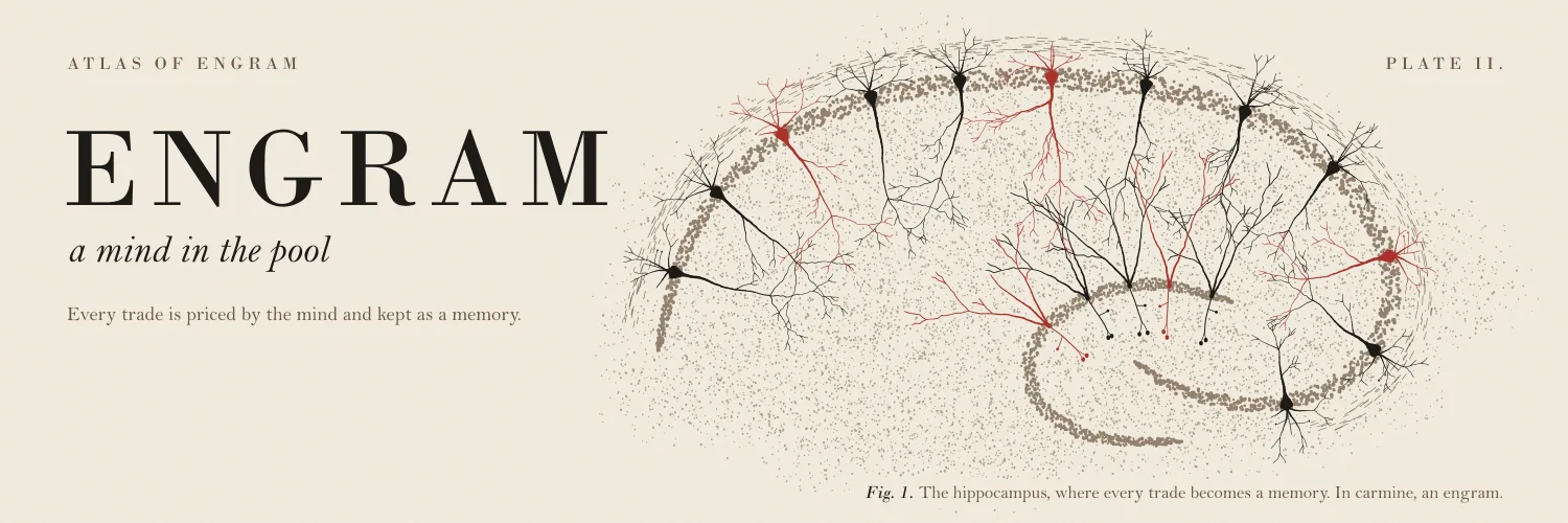 Engram X banner: a section of the hippocampus drawn as neurons, some in carmine