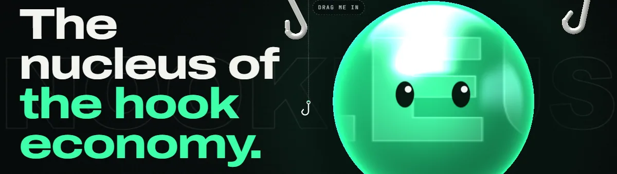 Nookleus website: the headline The nucleus of the hook economy next to a glossy green nucleus with hooks around it