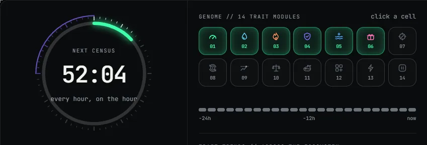 Nookleus website Journal: a dial counting down to the next hourly census, and the grid of trait modules